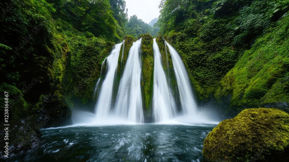 Fototapeta premium Rainforest scenes nature concept. Majestic waterfalls cascading through lush green forest scenery.