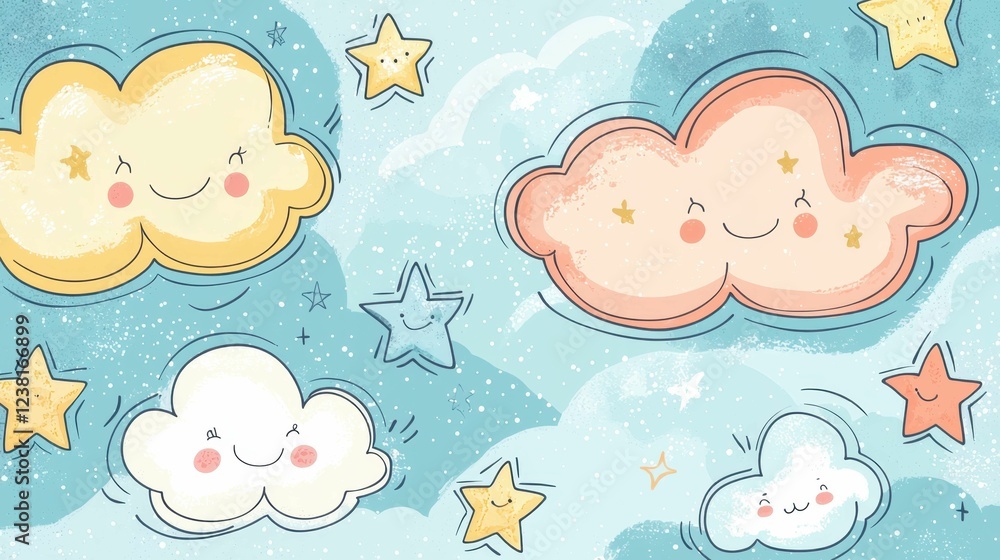 Playful Cartoon Clouds and Stars in a Cheerful Sky Background Playful Cartoon Clouds and Stars in a Cheerful Sky Background
