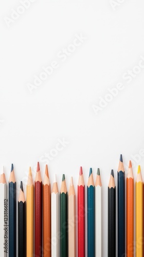 A row of pencils of different colors are lined up on a white background