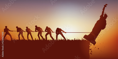 Concept du nouvel ordre mondial avec le symbole de la statue de la liberté, retenue par une corde avant de tomber dans le vide.