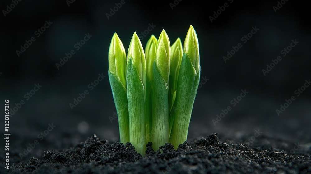 Green sprout breaking through the soil. Green sprout of a plant with leaves. Small green sprout on black soil. Green sprout breaking through the soil. Green sprout of a plant with leaves. Small green sprout on black soil.
