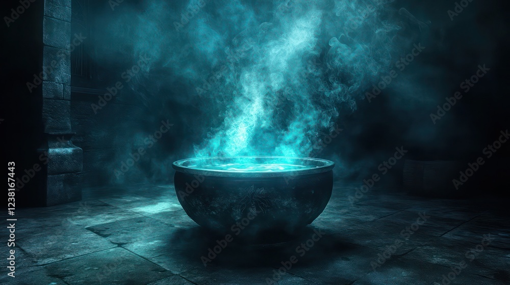 Glowing cauldron with mystical fumes in a darkened room Glowing cauldron with mystical fumes in a darkened room