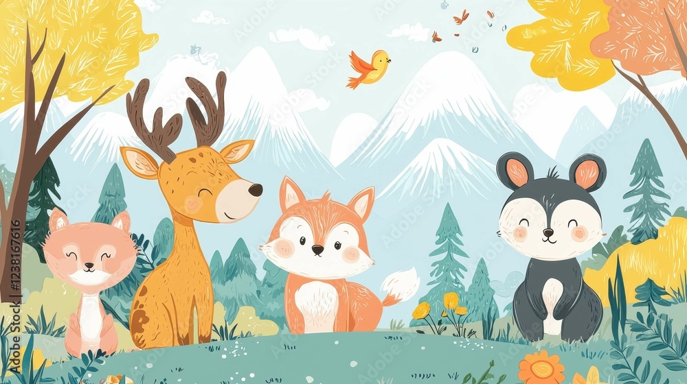 Naklejka premium Charming Woodland Animals in a Vibrant Forest Landscape