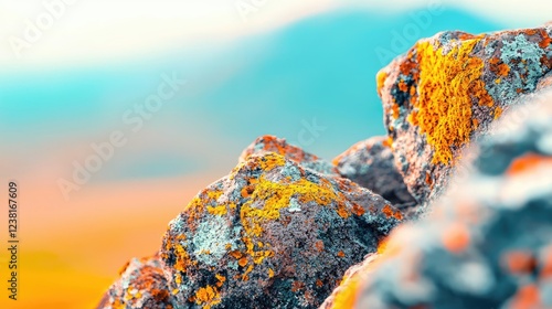 Mountain peak nature idea. Close-up of vibrant moss-covered rock showcasing nature's intricate textures. photo