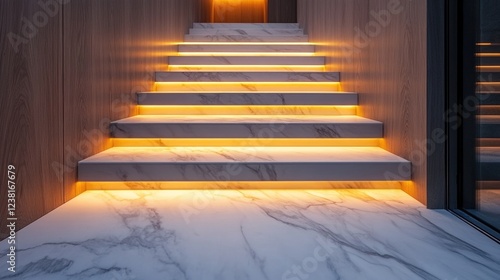 Illuminated marble staircase in a house. Interior of a room with a view of the illuminated staircase leading to the next floor.