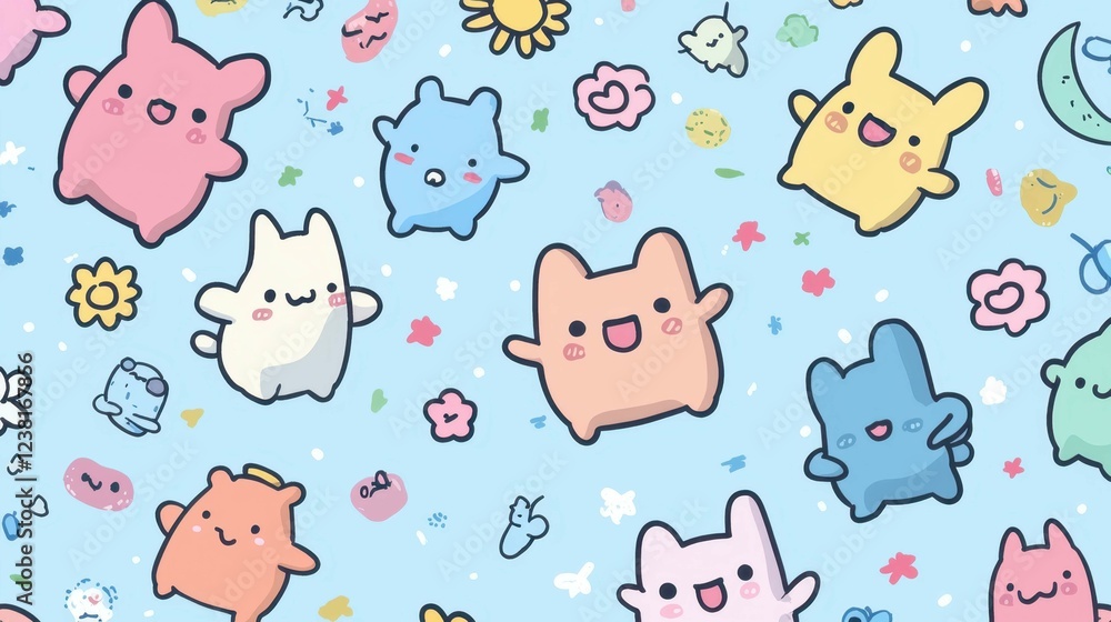 Obraz premium Cute Colorful Cartoon Characters on Blue Background with Flowers