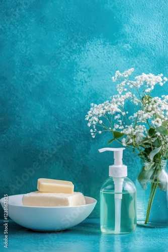 World hand hygiene day concept with soap, liquid dispenser, and flowers for health awareness. Vertical banner. Copy space photo