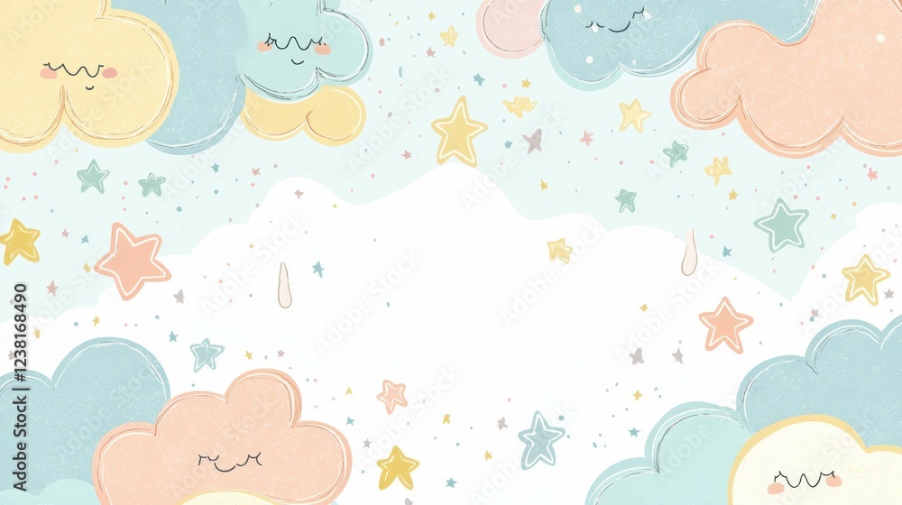 Playful Cartoon Clouds and Stars on Soft Pastel Background Playful Cartoon Clouds and Stars on Soft Pastel Background