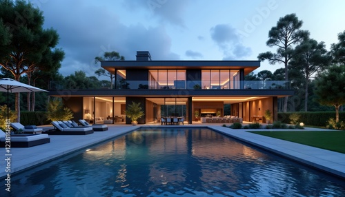 Wallpaper Mural Modern luxury home at blue hour. Exterior features large swimming pool, landscaped garden. House contemporary design with large windows overlooking pool area. Furnished patio lounge area near pool. Torontodigital.ca