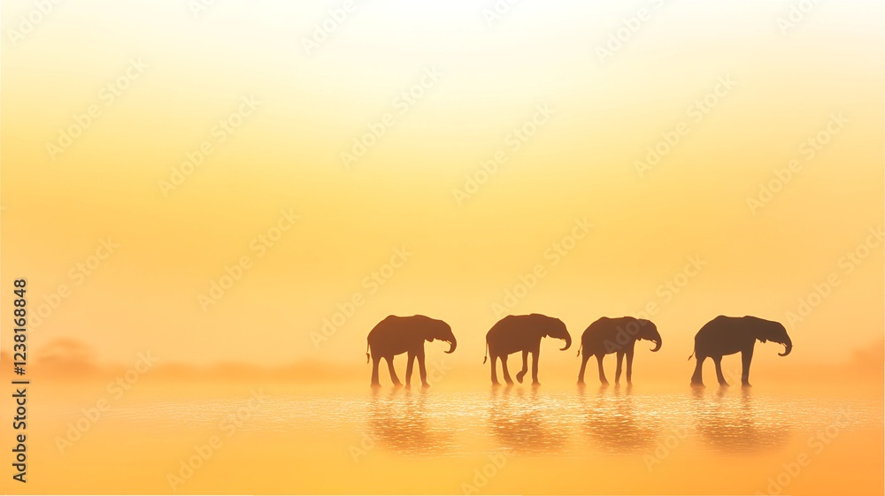Fototapeta premium Four Elephants Silhouetted, Sunrise Safari Adventure