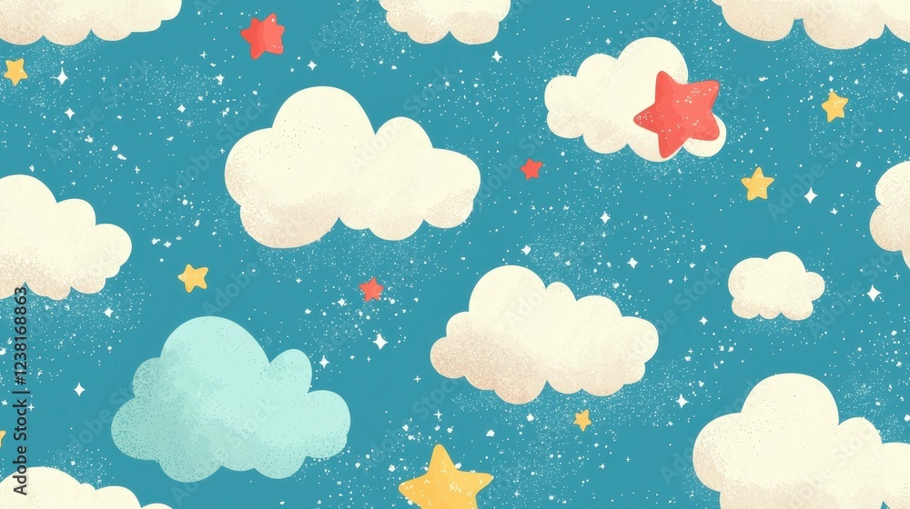 Colorful Clouds and Stars Pattern on Blue Background Design Colorful Clouds and Stars Pattern on Blue Background Design