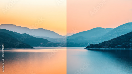 Beautiful contrast of vibrant sunset and tranquil blue lake reflecting mountains in serene nature landscape