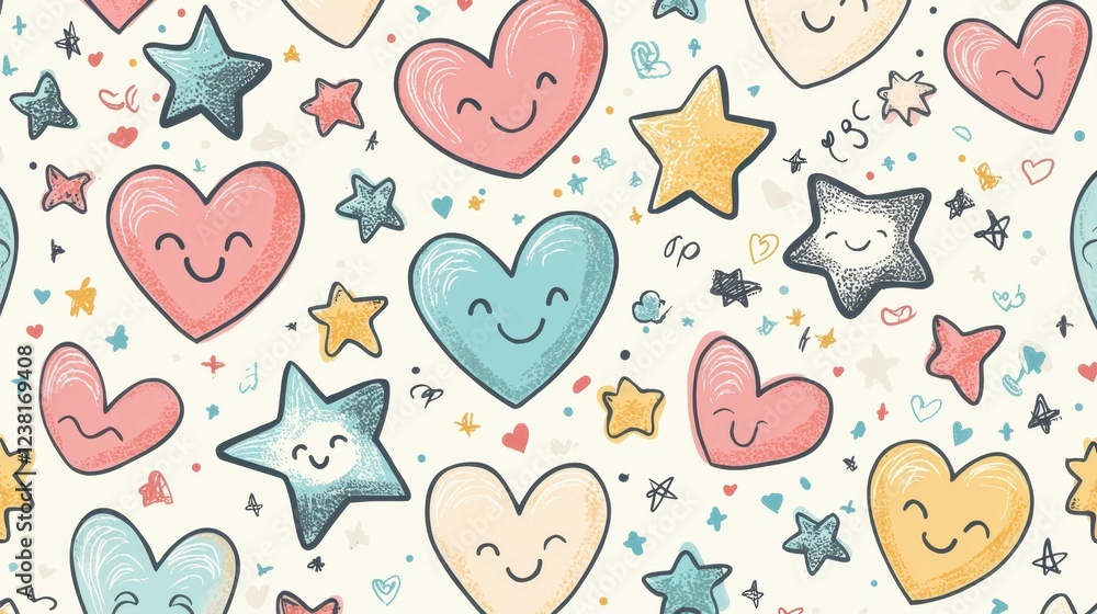 Cute Cartoon Hearts and Stars Pattern with Smiling Faces Cute Cartoon Hearts and Stars Pattern with Smiling Faces