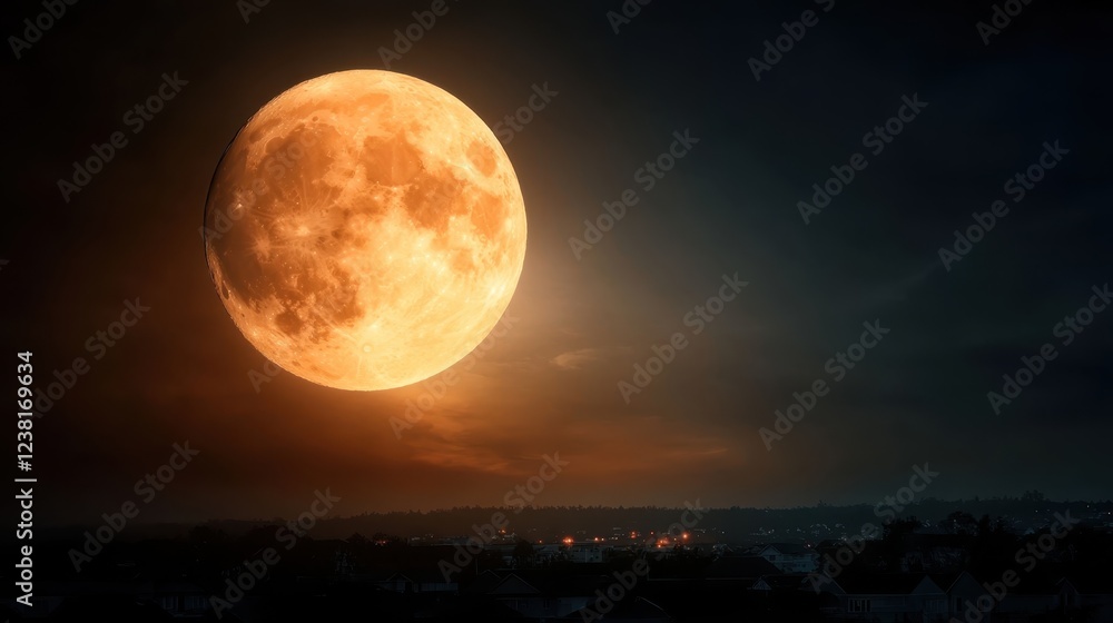 This image captures a spectacular full moon, glowing brightly against a night sky, illuminating the tranquil town below with its warm light and creating a magical ambiance. This image captures a spectacular full moon, glowing brightly against a night sky, illuminating the tranquil town below with its warm light and creating a magical ambiance.