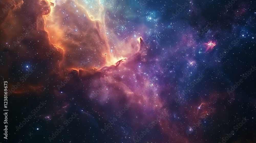 Obraz premium Majestic cosmic panorama of a swirling nebula surrounded by glimmering galaxies in the depths of outer space, featuring an ethereal abstract cosmos background