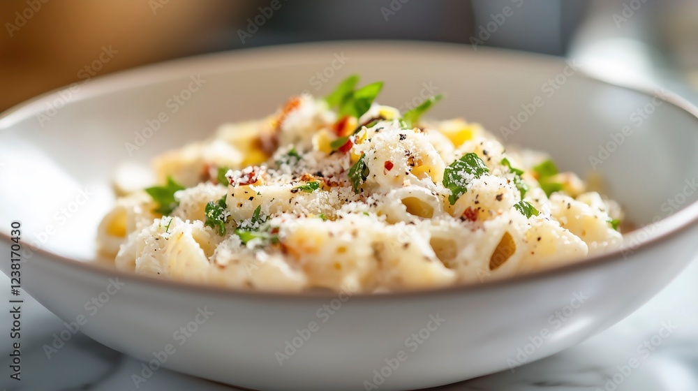 Close-up of creamy white pasta with herbs and sprinkled cheese on top, served in a small bowl with garnished greens, making for a flavorful Italian dish.