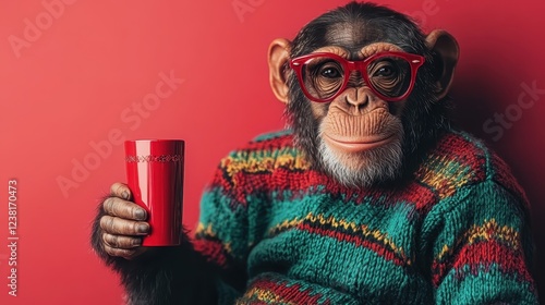 A fashionable monkey, dressed in a knitted sweater and red glasses, holds a vibrant cup, creating a playful and engaging image against a red backdrop ideal for quirky designs. photo