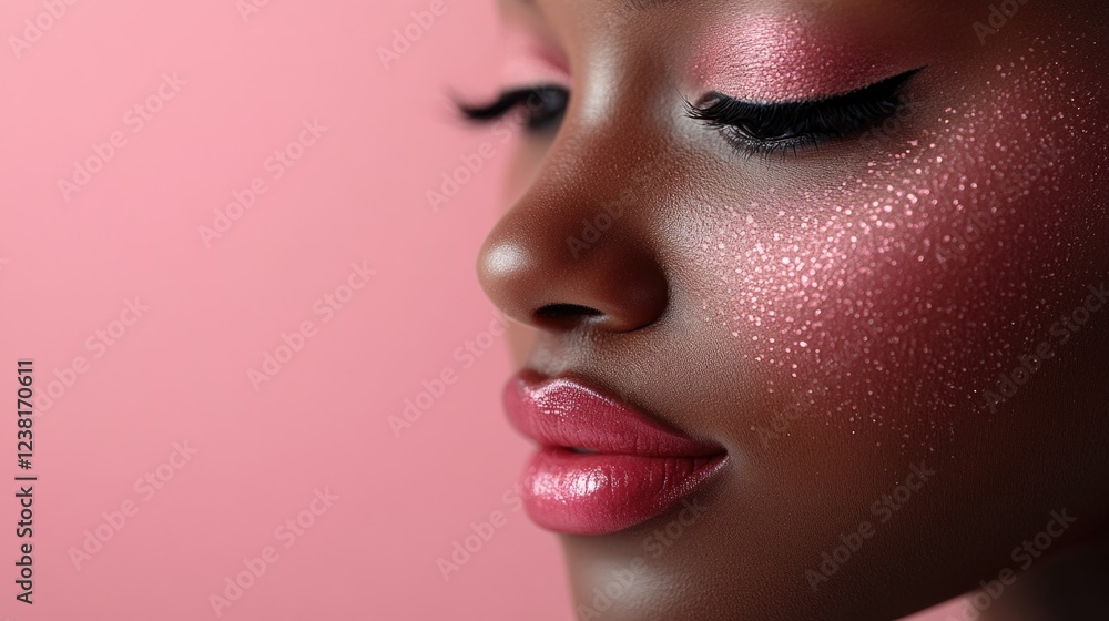 Close-up of a girl's face with makeup. Plump lips with gloss, long eyelashes, shiny pink blush and eyeshadow. Close-up of a girl's face with makeup. Plump lips with gloss, long eyelashes, shiny pink blush and eyeshadow.