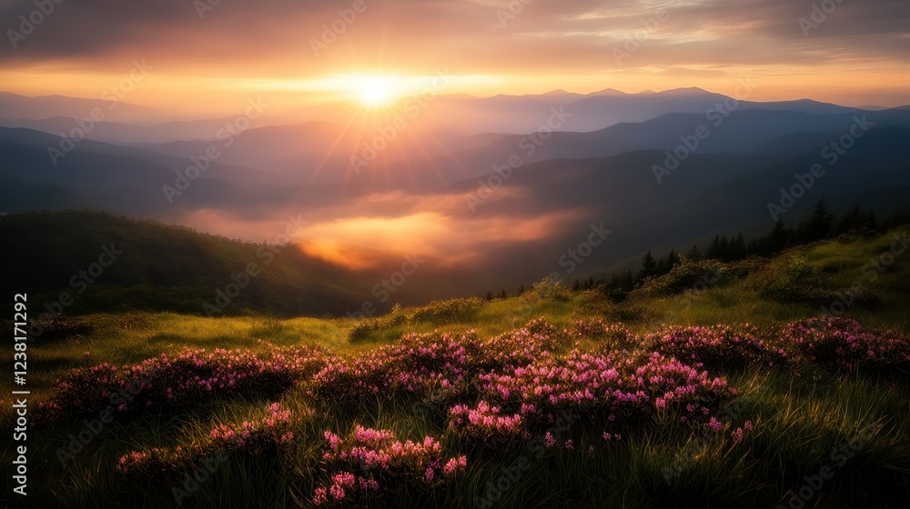 The sun bursts over a misty mountain range, illuminating vibrant flora in the foreground and creating an inspiring and rejuvenating scene of natural beauty. The sun bursts over a misty mountain range, illuminating vibrant flora in the foreground and creating an inspiring and rejuvenating scene of natural beauty.
