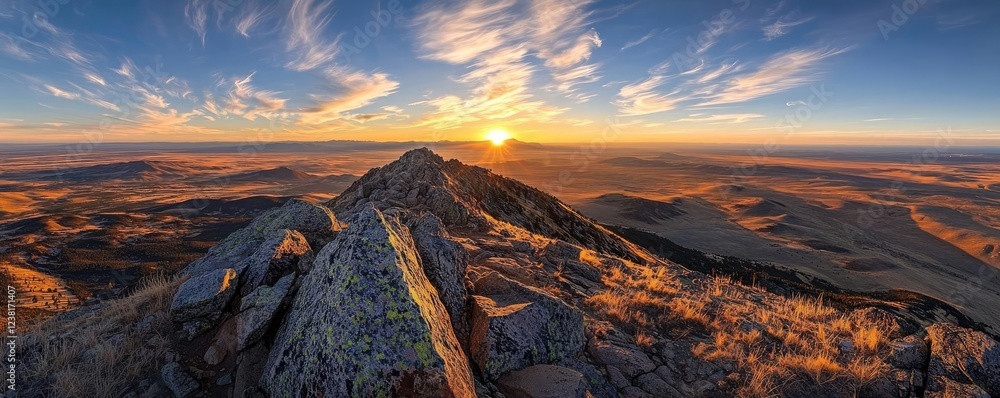 Obraz premium Mountain peak nature idea. Stunning sunset view from a rocky mountain peak overlooking vast natural scenery.