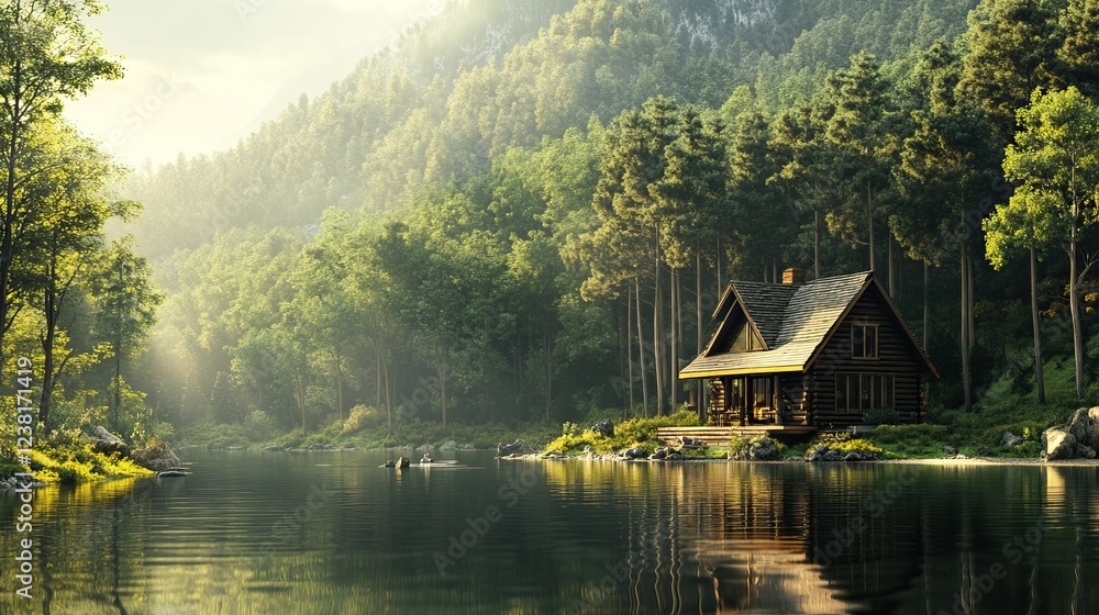 Log Cabin Nestled by a Peaceful Forest Lake. AI generated image Log Cabin Nestled by a Peaceful Forest Lake. AI generated image