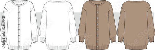Women's Oversize long Cardigan. technical fashion illustration. Flat apparel cardigan template front and back, Unisex CAD, mockup.