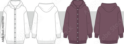 Women's Hooded Fine Gauge Long Line Cardigan. Cardigan technical fashion illustration. Flat apparel cardigan template front and back,  CAD mock-up.