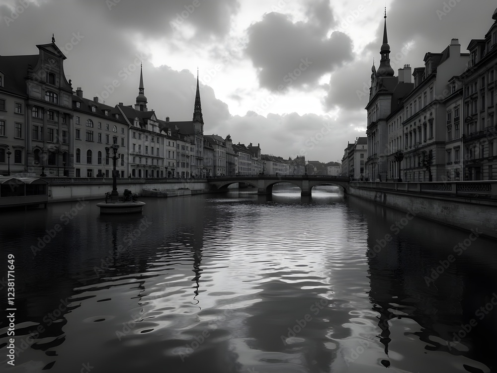 Fototapeta premium city canal at sunset with bridge in background