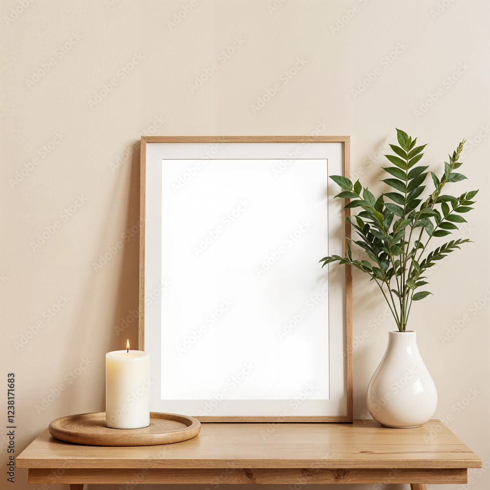 frame mockup with white candle and vase, on the wooden table, beige wall background frame mockup with white candle and vase, on the wooden table, beige wall background