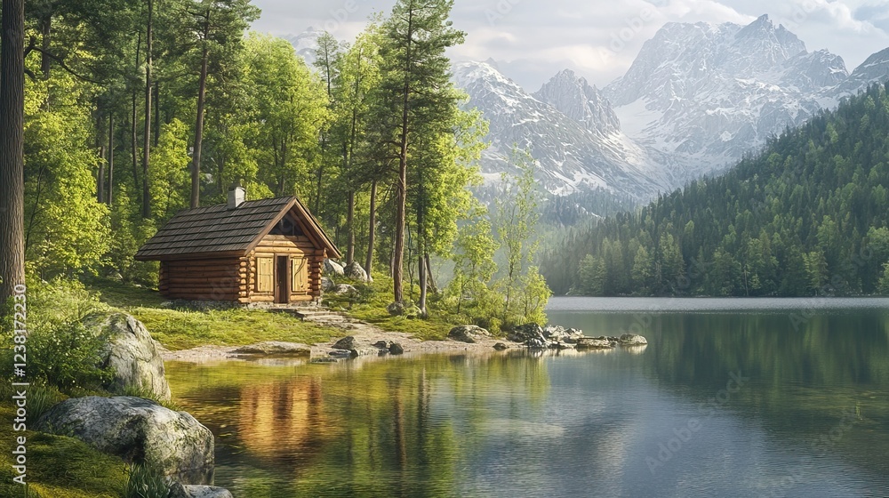 Fototapeta premium Log Cabin Nestled by a Peaceful Forest Lake. AI generated image