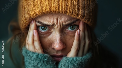 A young woman, with a knit hat, is seen in a moment of visible frustration, holding her head in despair amidst a muted color palette which accentuates her emotions. photo