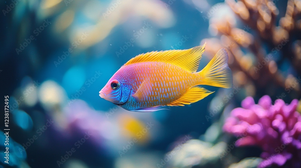 A stunning Siamese fighting fish displays its vibrant colors as it swims elegantly through a lively underwater world filled with colorful corals and shimmering light A stunning Siamese fighting fish displays its vibrant colors as it swims elegantly through a lively underwater world filled with colorful corals and shimmering light