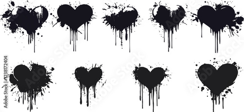 Set of black hearts spray paint vector icons white background