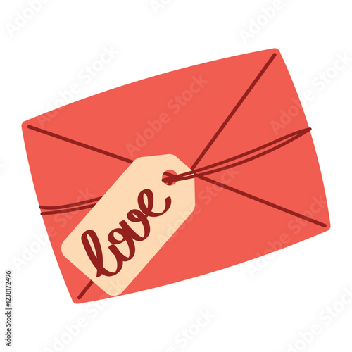 Red envelope with love letter inside tied with ribbon with tag saying Love.