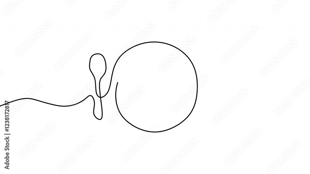 Continuous line drawing animation of hand drawn plate, spoon and fork at the table. Restaurant animated logo isolated on white background minimalism design. Dinner theme with creative symbol Continuous line drawing animation of hand drawn plate, spoon and fork at the table. Restaurant animated logo isolated on white background minimalism design. Dinner theme with creative symbol