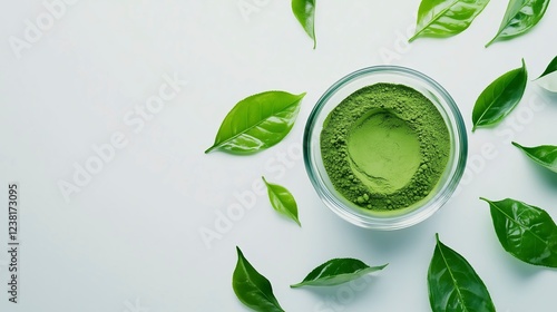 Wallpaper Mural A pristine bowl of vibrant green matcha powder with delicate green tea leaves scattered around, emphasizing the freshness and organic quality of matcha. Torontodigital.ca