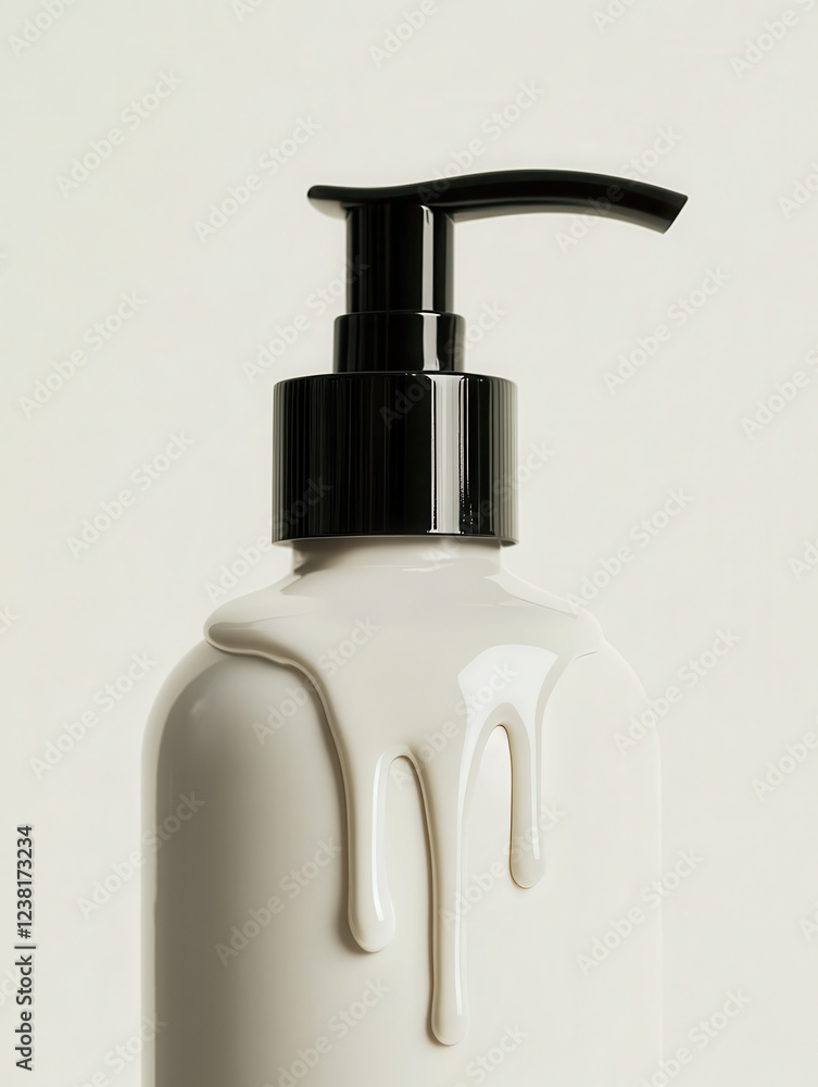 A close-up of a white lotion bottle with a black pump, showcasing dripping product. A close-up of a white lotion bottle with a black pump, showcasing dripping product.