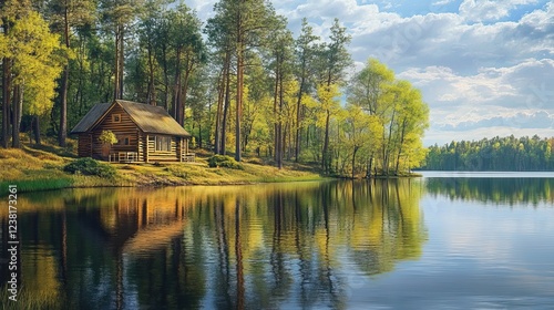Wallpaper Mural Log Cabin Nestled by a Peaceful Forest Lake. AI generated image Torontodigital.ca