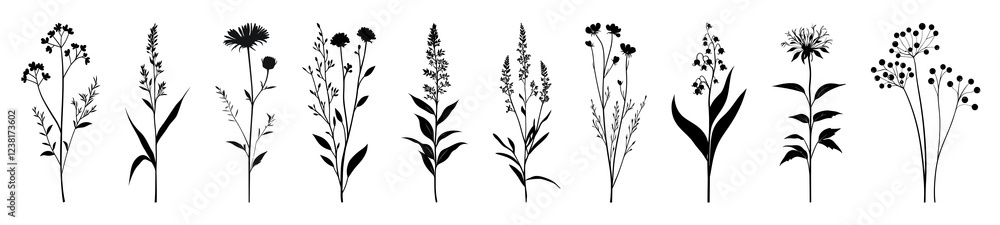 PNG Silhouettes of various wildflowers, element set on transparent background PNG Silhouettes of various wildflowers, element set on transparent background