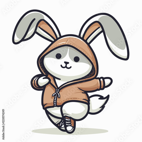 Dancing Hoppin' Bunny:  A white bunny with long ears sporting a brown hoodie, white shoes, and a confident stance, ready to dance the night away.   photo