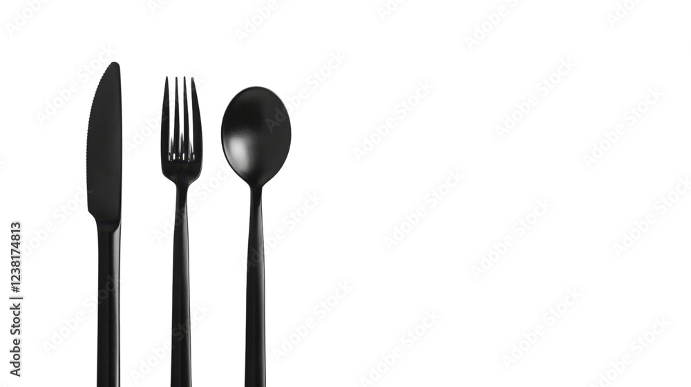 Black spoon, fork, and knife cutlery set on transparent background Black spoon, fork, and knife cutlery set on transparent background