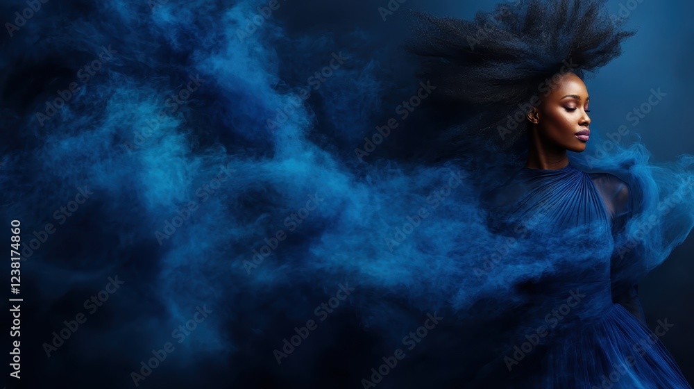 A captivating portrait of a woman with dynamic hair, enveloped in flowing blue fabric that embodies movement, emotion, and artistic imagination, celebrating modern beauty. A captivating portrait of a woman with dynamic hair, enveloped in flowing blue fabric that embodies movement, emotion, and artistic imagination, celebrating modern beauty.