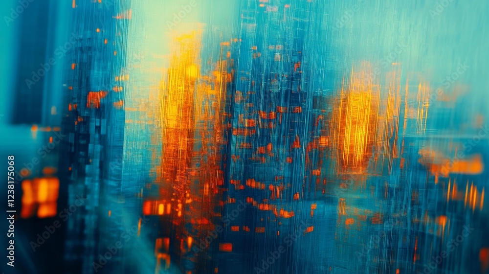 Abstract digital cityscape background with blue and orange lines, a speed motion effect on modern skyscrapers Abstract digital cityscape background with blue and orange lines, a speed motion effect on modern skyscrapers