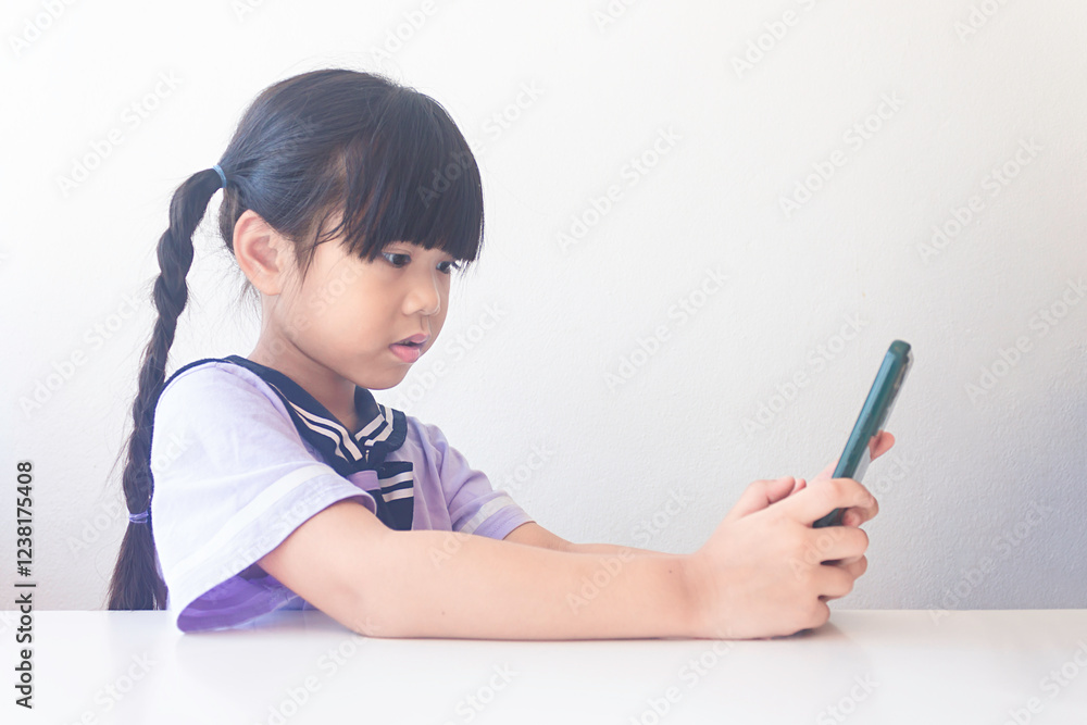 Asian kid girl using smartphone and enjoying content on internet or social media. Asian kid girl using smartphone and enjoying content on internet or social media.