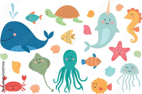 Sea creatures and shells isolated on a white background. Set of cute characters living under water