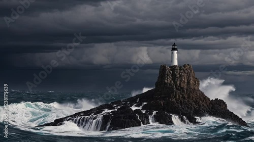 A storm-lashed lighthouse perched on jagged cliffs, ocean waves crashing below under dark, heavy clouds.