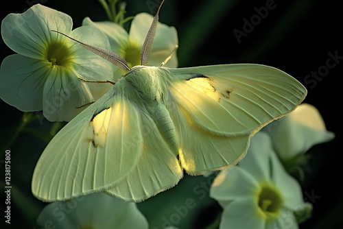 A Lunar Moth, with pale yellow wings that glow under moonlight, on a pale evening primrose.