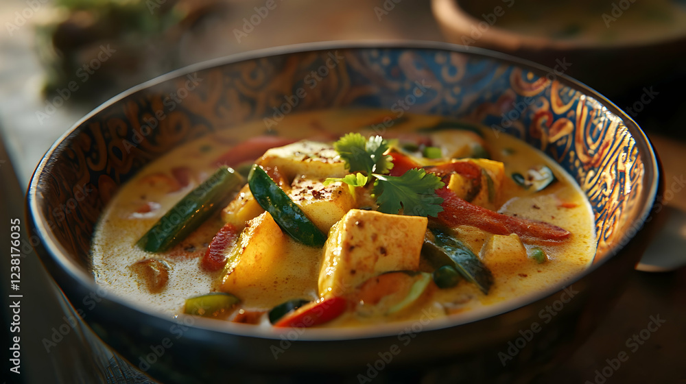 A vibrant bowl of curry featuring vegetables and paneer, garnished with herbs. A vibrant bowl of curry featuring vegetables and paneer, garnished with herbs.