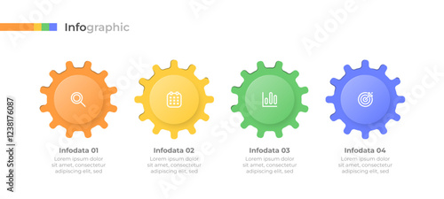 Gears design elements with marketing icons. Infographic illustration 4 steps or options data visualization process for business presentations.