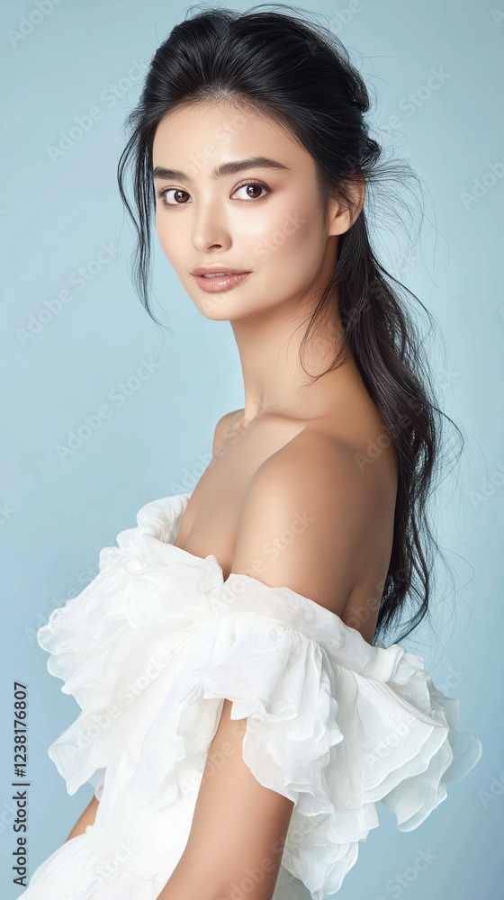 Beautiful woman with long dark hair in an off-the-shoulder white dress, elegant pose Beautiful woman with long dark hair in an off-the-shoulder white dress, elegant pose